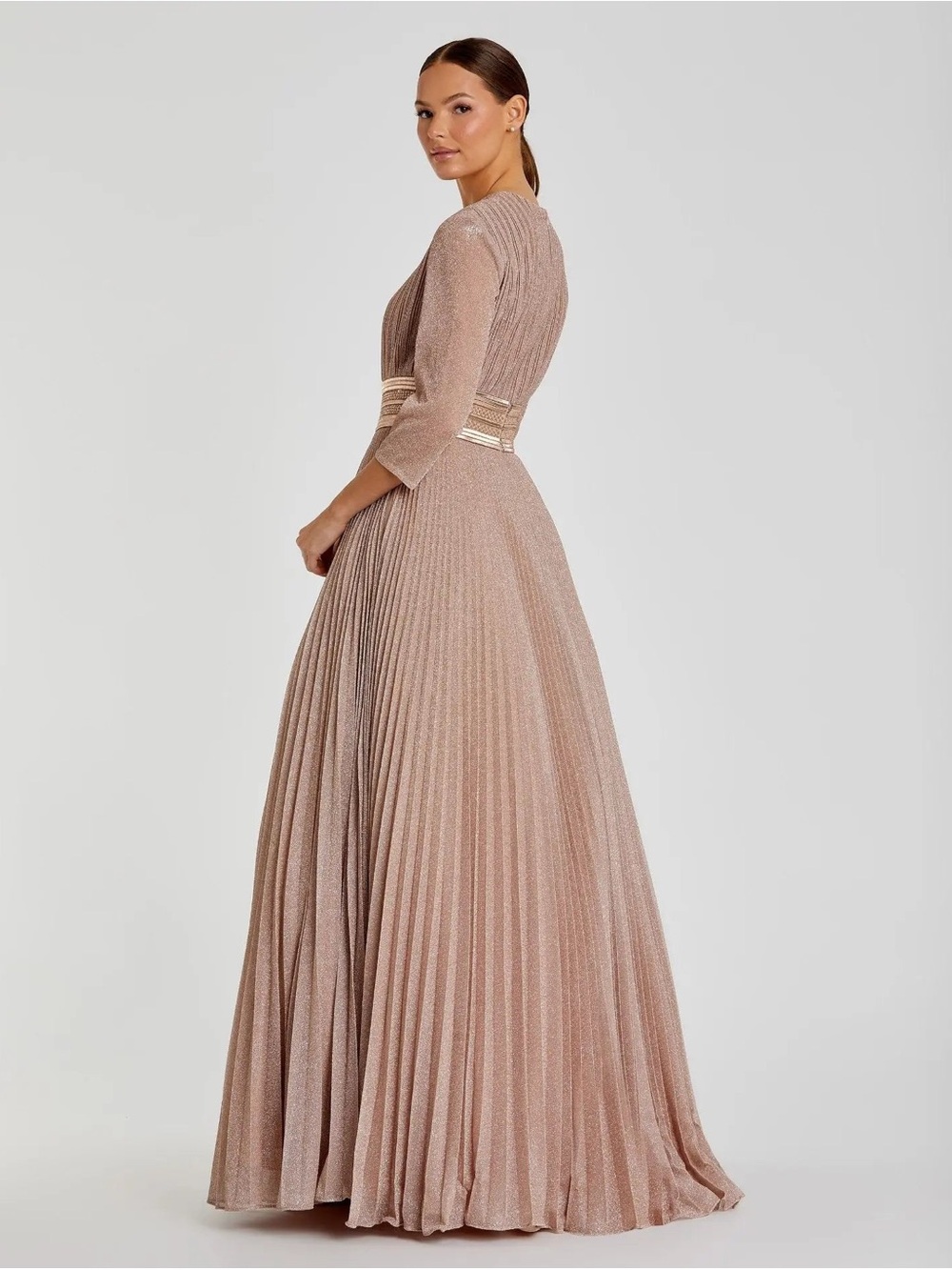 Mac Duggal Blush Pink Shimmer Pleated Maxi Dress with Gold Waistband